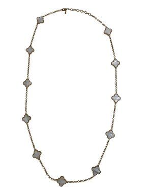 White & Gold Necklace W/ Mother-Of-Pearl Clover Charms 38" Length 13" Drop EUC